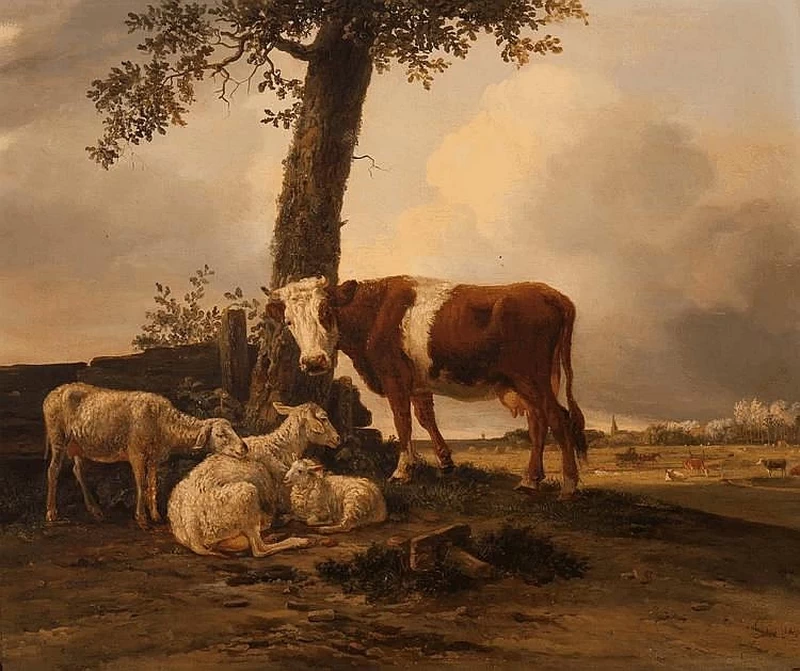 Balthasar Ommeganck - Mucca con due pecore e un agnello sotto un albero